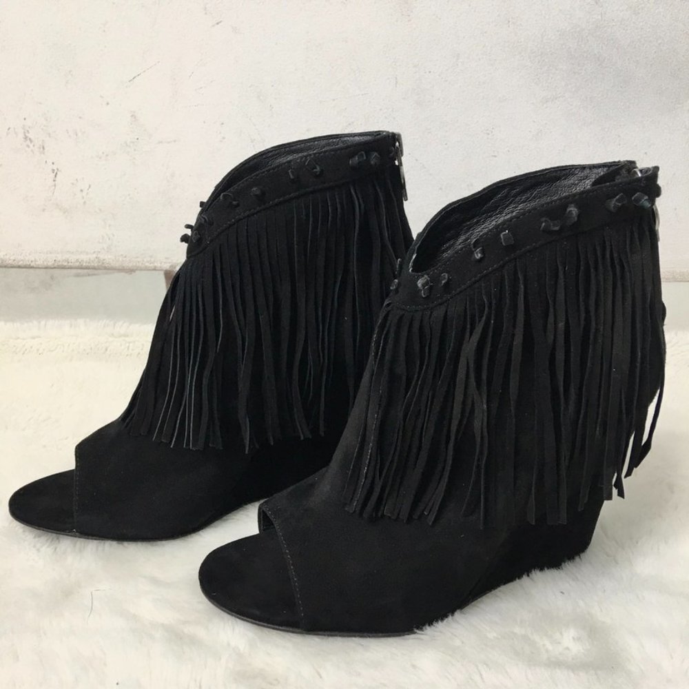 Ash Janis Booties Open Toe Black Fringe Leather Ankle Booties Size 39